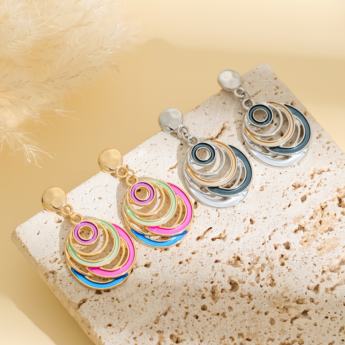 Vintage Bohemian Enamel Pendant Earrings, Circular Cut-Out Design